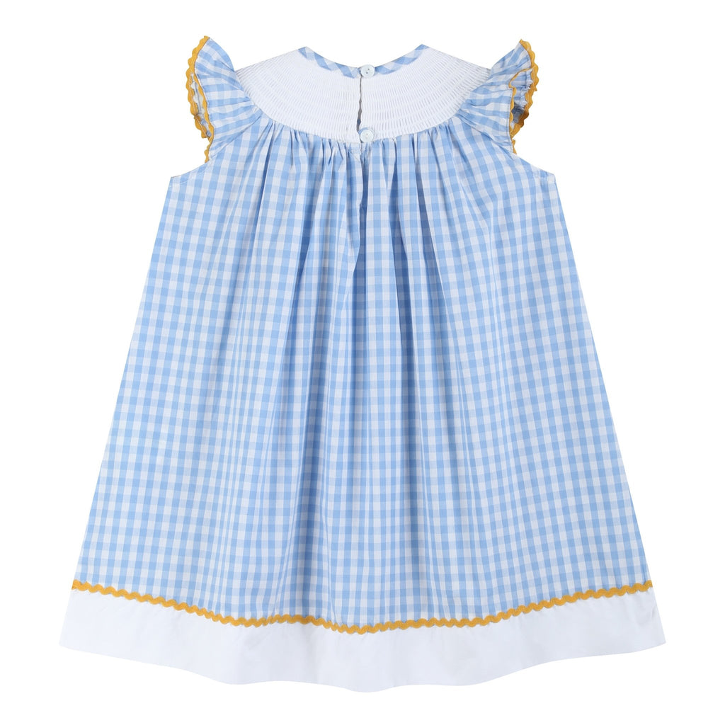 Blue Gingham Sunflower Smocked Bishop Dress - Lil Cactus