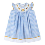Blue Gingham Sunflower Smocked Bishop Dress - Lil Cactus