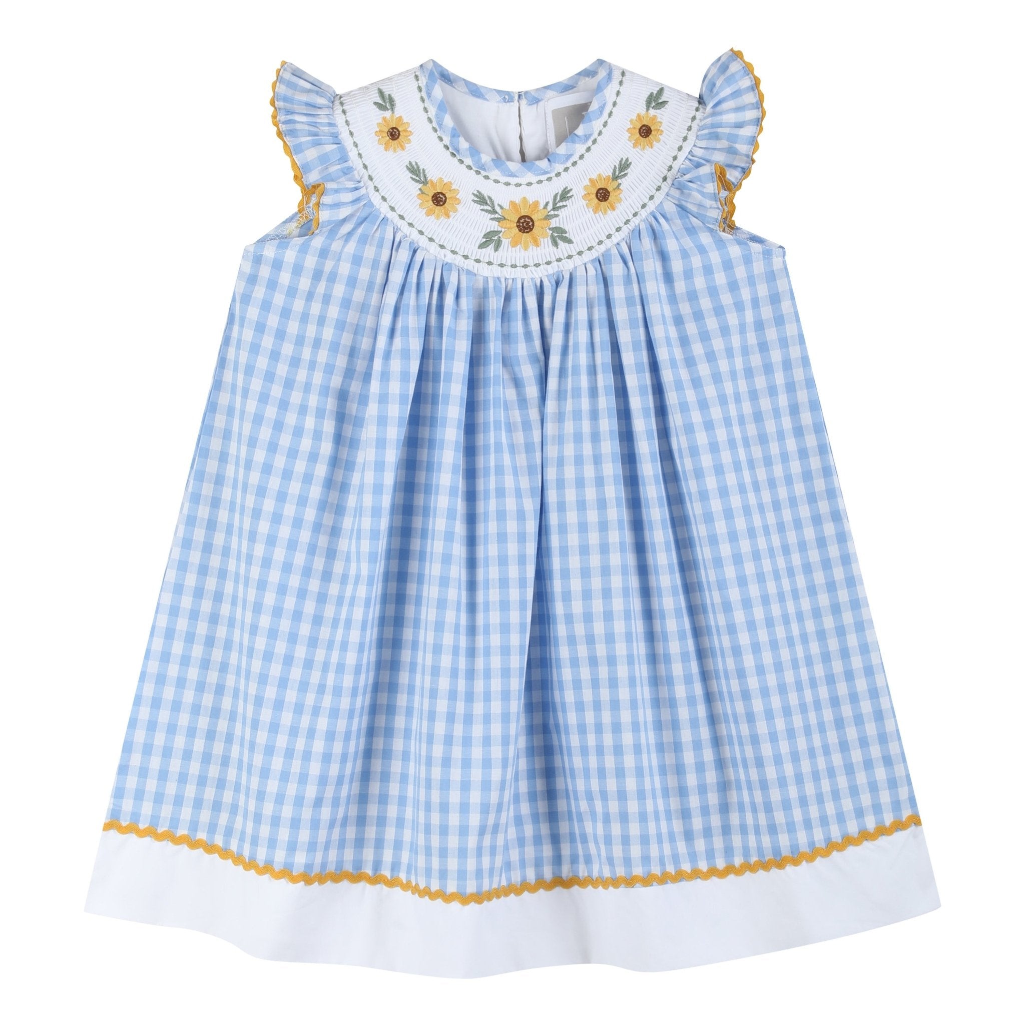 Blue Gingham Sunflower Smocked Bishop Dress, 5Y