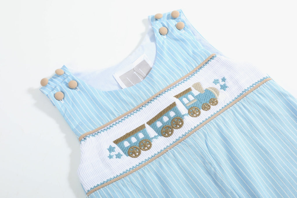 Blue Gingham Train Smocked Overalls - Lil Cactus