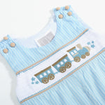 Blue Gingham Train Smocked Overalls - Lil Cactus
