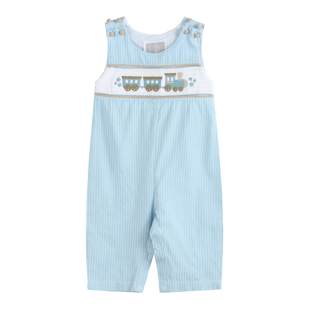 Blue Gingham Train Smocked Overalls - Lil Cactus