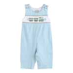 Blue Gingham Train Smocked Overalls - Lil Cactus