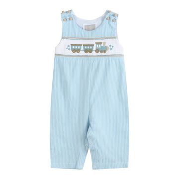 Blue Gingham Train Smocked Overalls - Lil Cactus