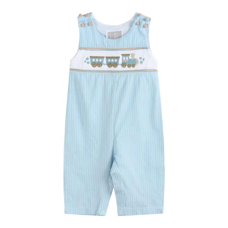 Blue Gingham Train Smocked Overalls - Lil Cactus