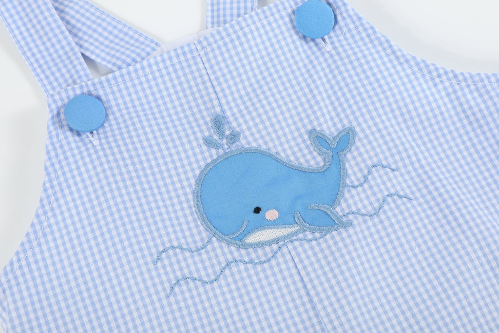 Blue Gingham Whale Overall Shortalls - Lil Cactus