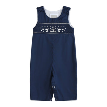 Blue Nativity Smocked Overalls - Lil Cactus