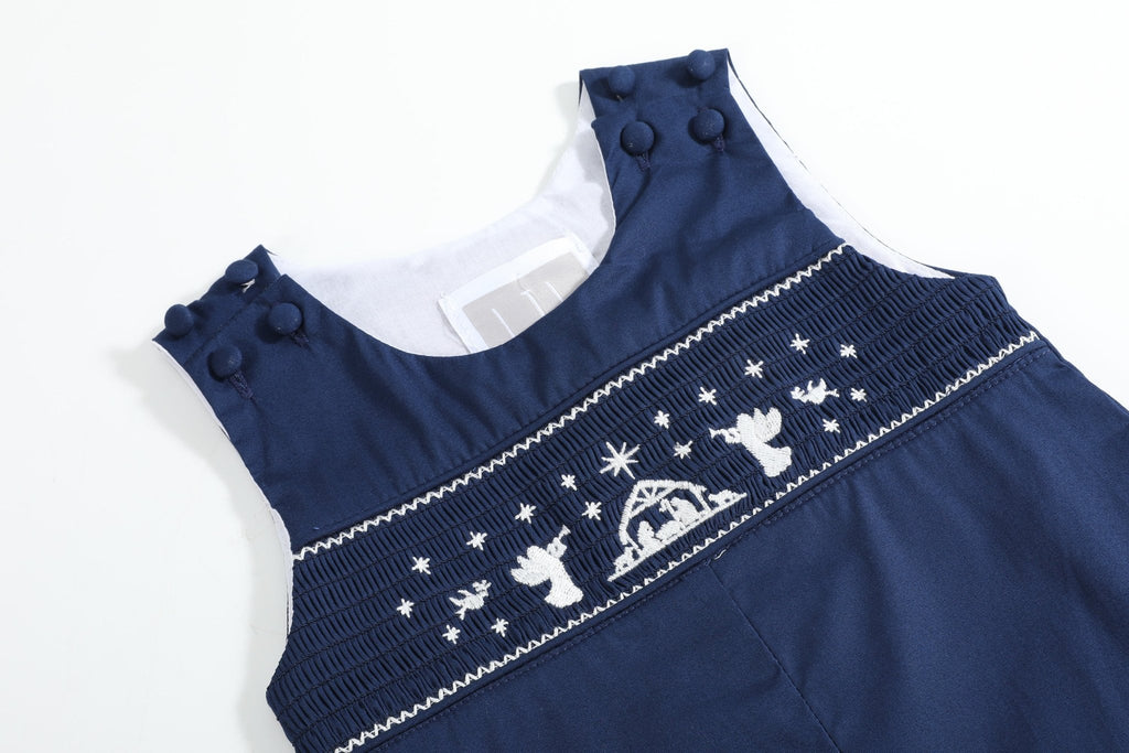 Blue Nativity Smocked Overalls - Lil Cactus
