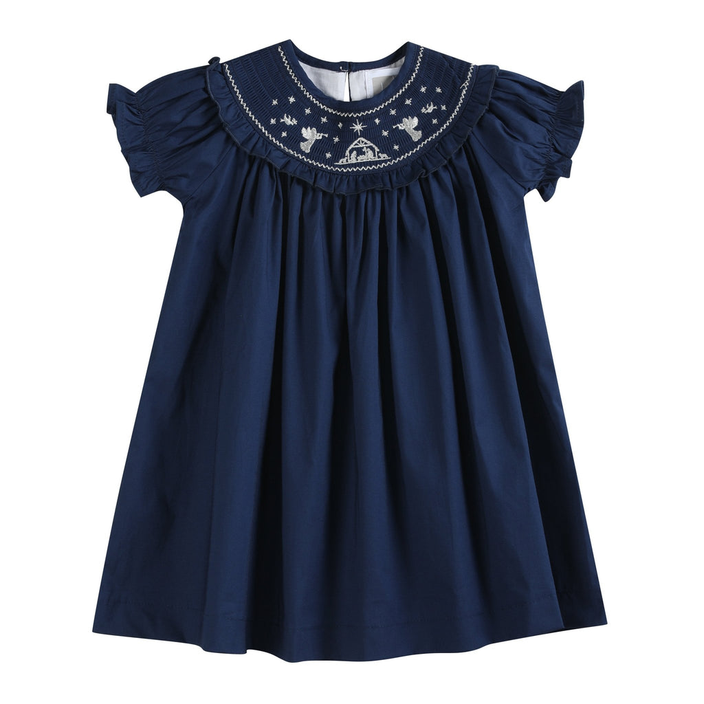 Blue Nativity Smocked Ruffle Bishop Dress - Lil Cactus