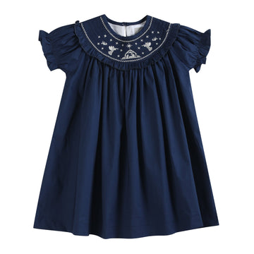 Blue Nativity Smocked Ruffle Bishop Dress - Lil Cactus