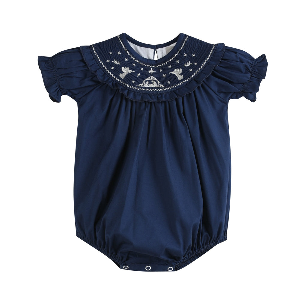 Blue Nativity Smocked Ruffle Romper - Lil Cactus