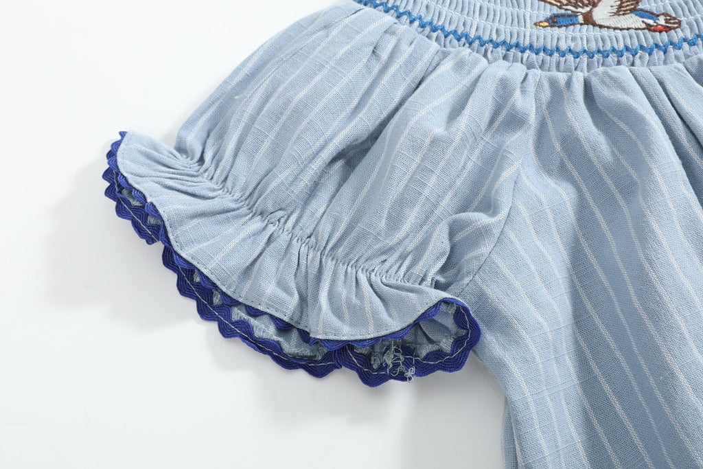Blue Pinstripe Mallard Duck Smocked Bishop Dress - Lil Cactus