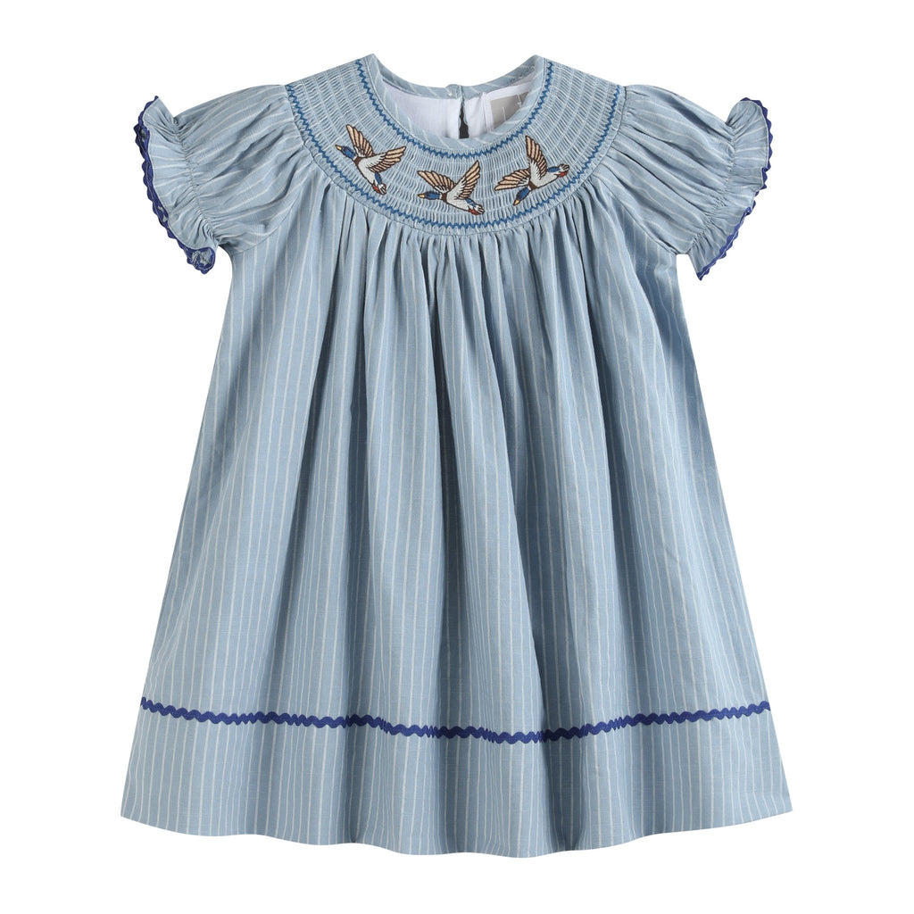 Blue Pinstripe Mallard Duck Smocked Bishop Dress - Lil Cactus