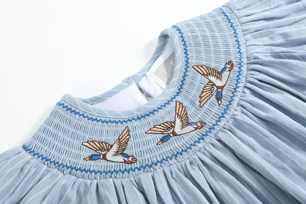 Blue Pinstripe Mallard Duck Smocked Bishop Dress - Lil Cactus