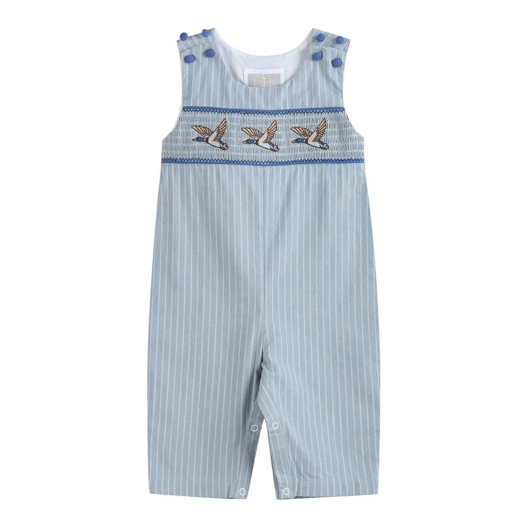 Blue Pinstripe Mallard Duck Smocked Overalls - Lil Cactus