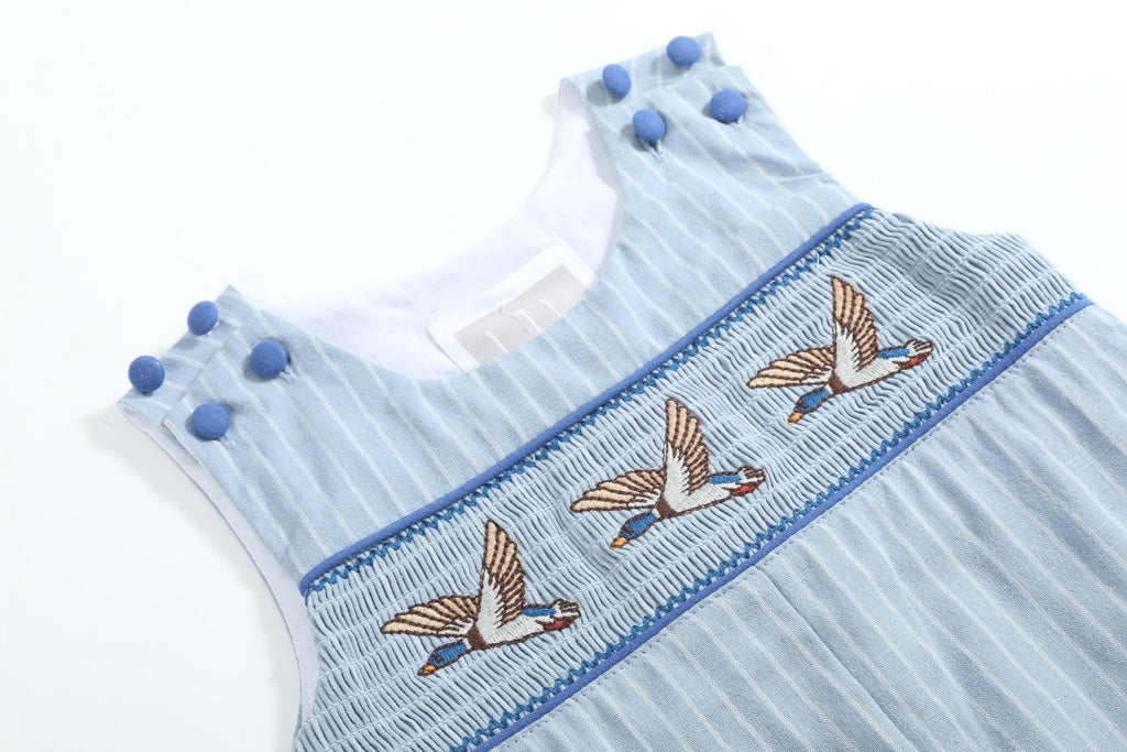 Blue Pinstripe Mallard Duck Smocked Overalls - Lil Cactus