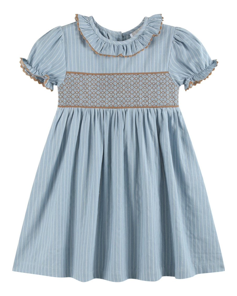 Blue Pinstripe Smocked Ruffle Collar Dress - Lil Cactus