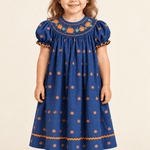 Blue Pumpkin Print Knit Smocked Bishop Dress - Lil Cactus