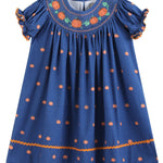 Blue Pumpkin Print Knit Smocked Bishop Dress - Lil Cactus