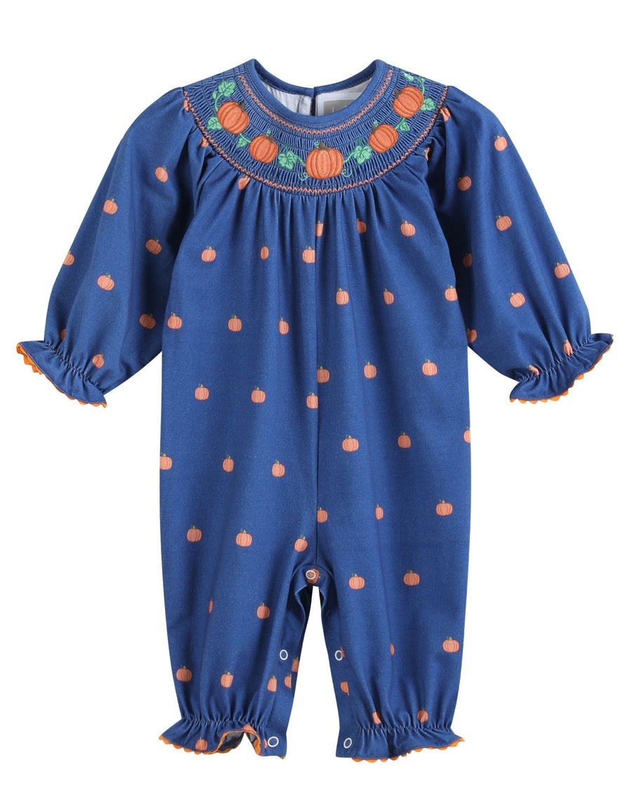 Blue Pumpkin Print Knit Smocked Playsuit - Lil Cactus