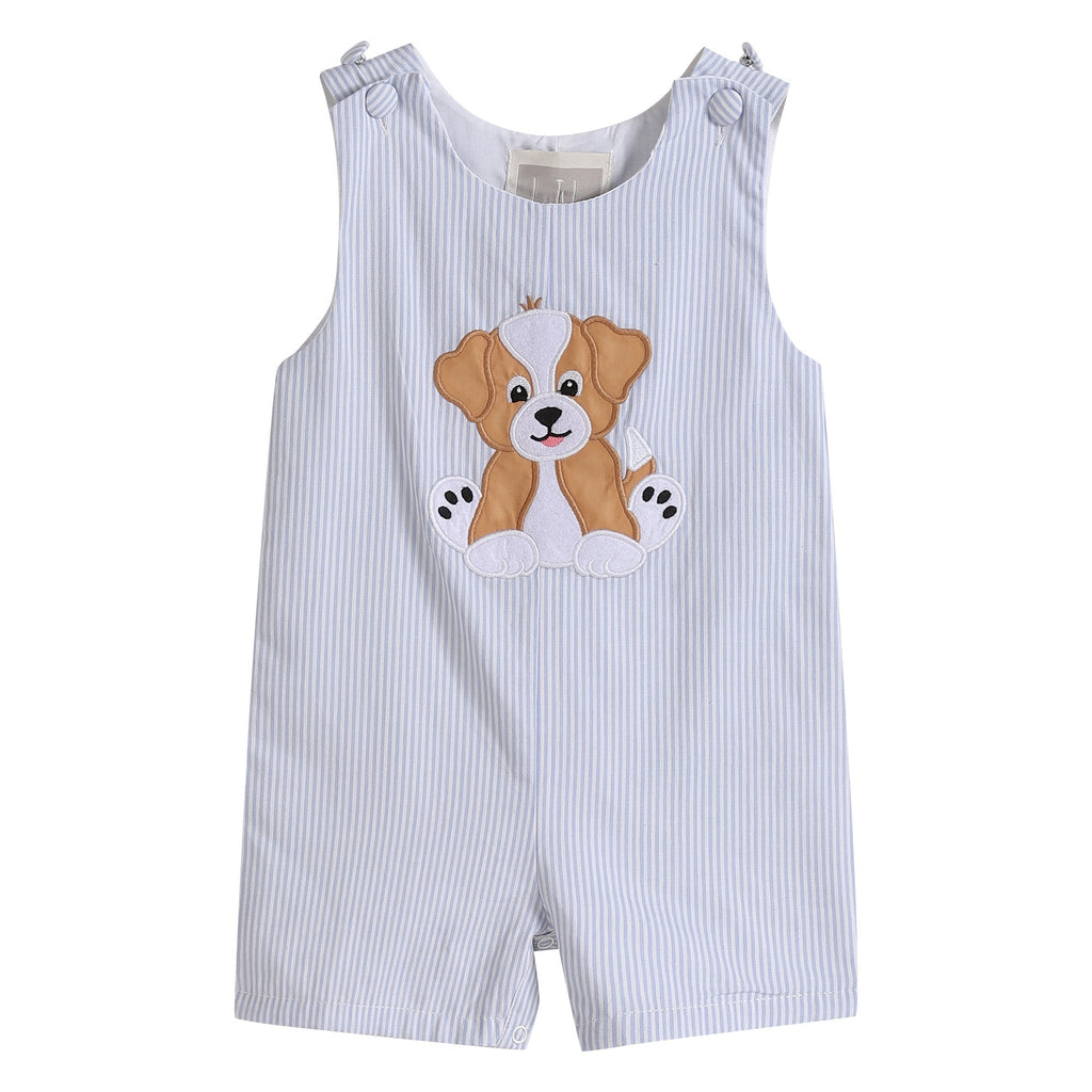 Blue Puppy Appliqué Seersucker Shortalls - Lil Cactus