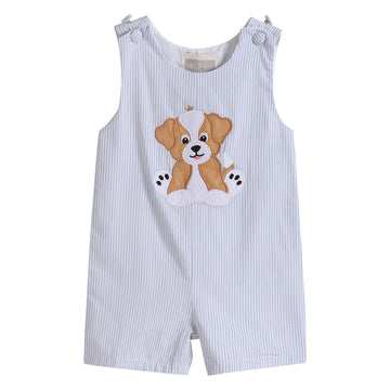 Blue Puppy Appliqué Seersucker Shortalls - Lil Cactus