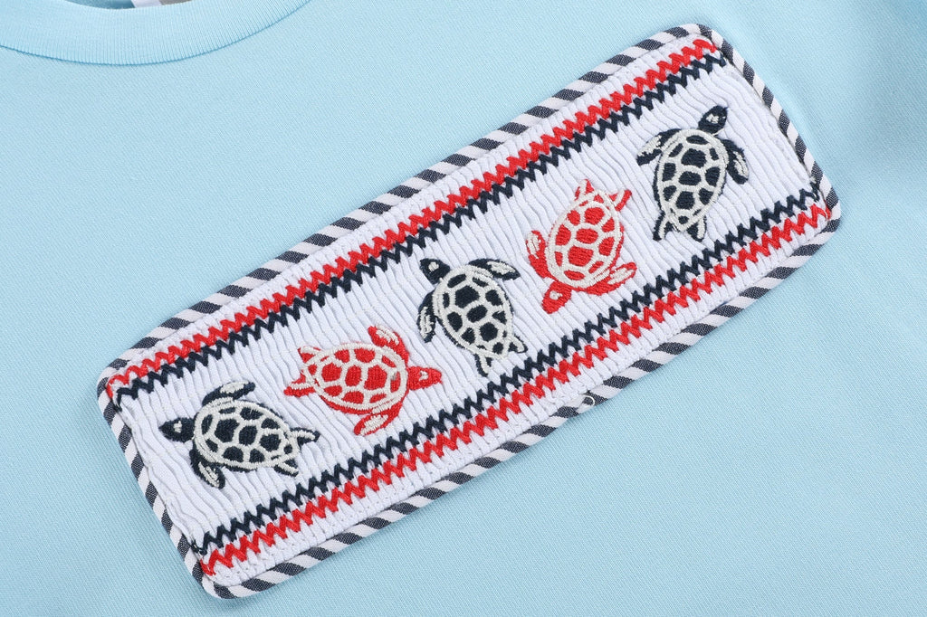 Blue & Red Turtle Smocked Applique Crewneck Tee & Navy Shorts - Lil Cactus