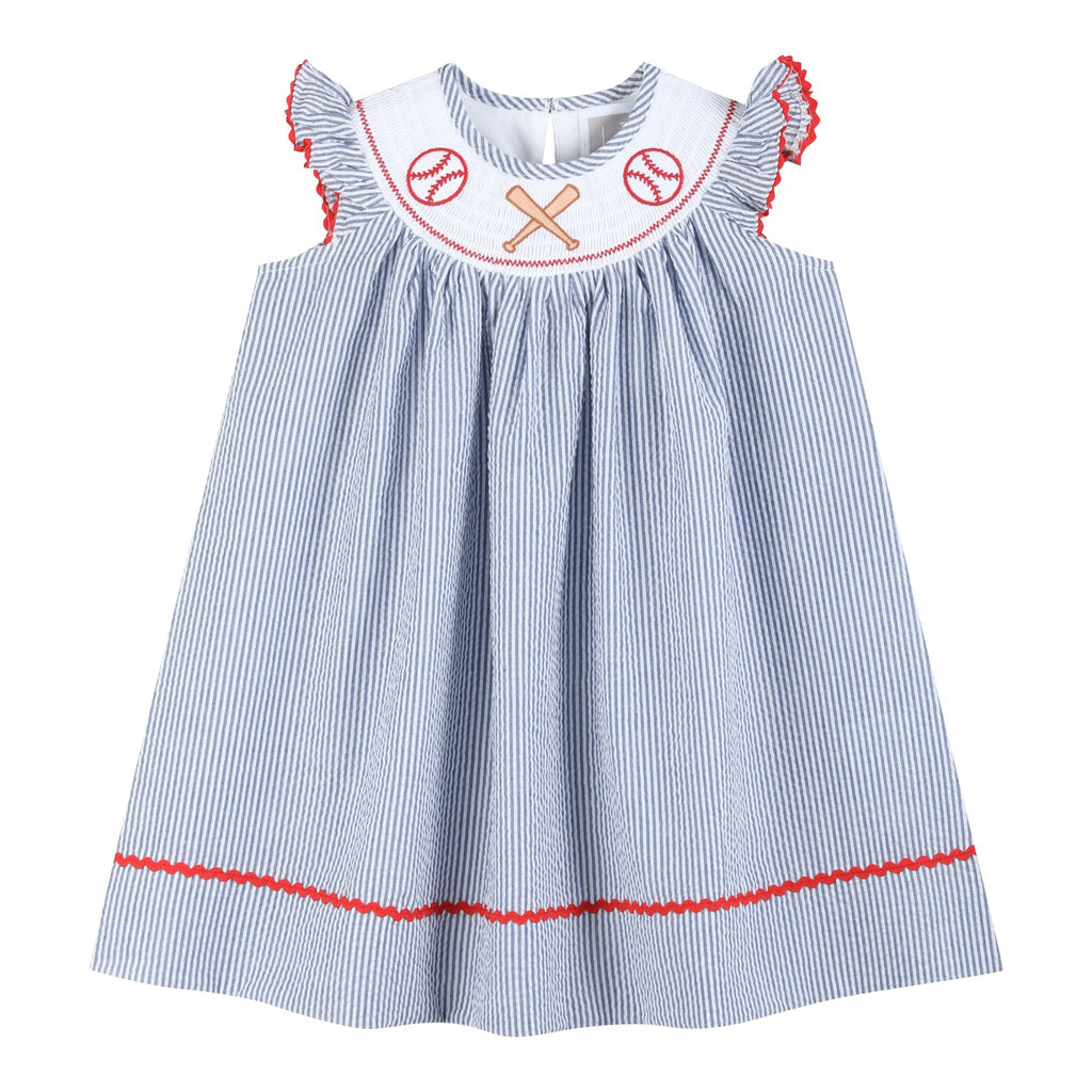 Blue Seersucker Baseball Smocked Bishop Dress - Lil Cactus