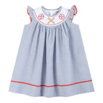 Blue Seersucker Baseball Smocked Bishop Dress - Lil Cactus