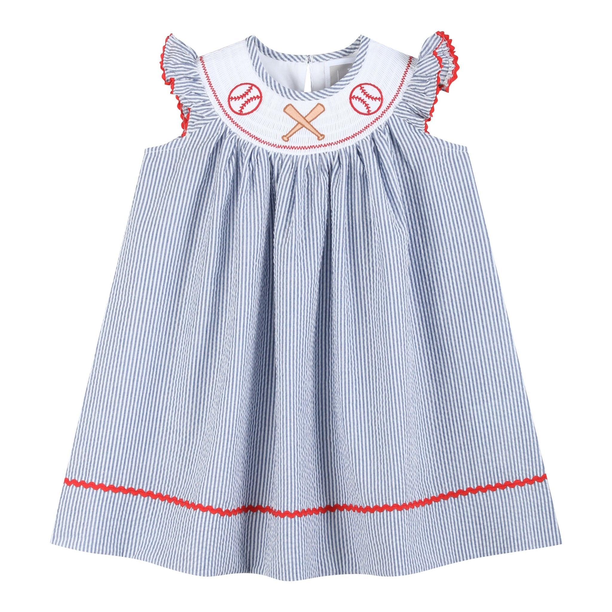 Blue Seersucker Baseball Smocked Bishop Dress, 6Y