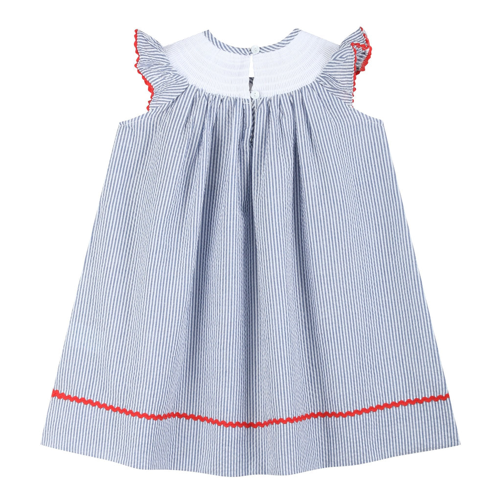Blue Seersucker Baseball Smocked Bishop Dress - Lil Cactus