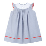 Blue Seersucker Baseball Smocked Bishop Dress - Lil Cactus