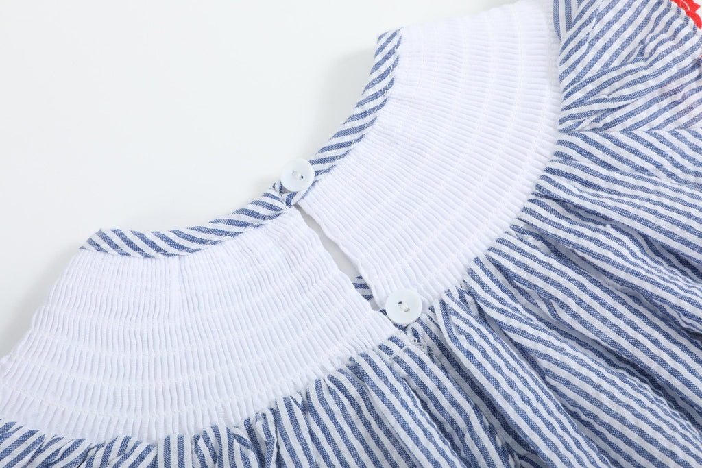 Blue Seersucker Baseball Smocked Bishop Dress - Lil Cactus