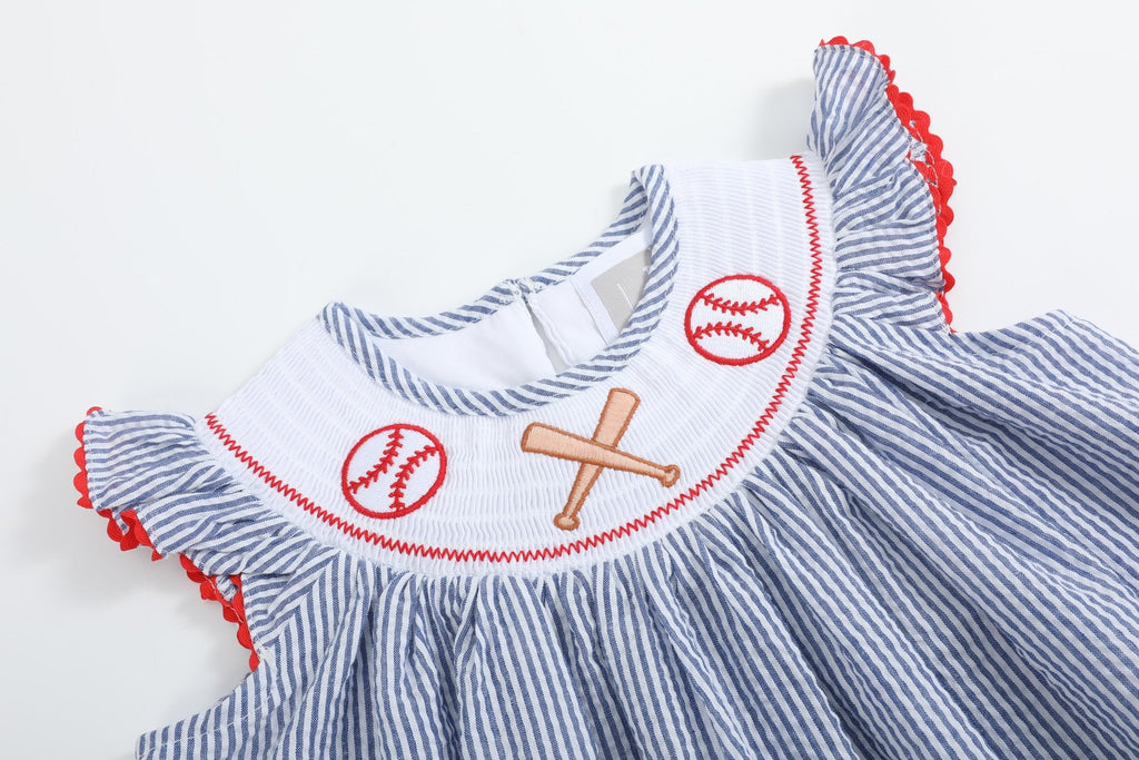 Blue Seersucker Baseball Smocked Bishop Dress - Lil Cactus