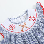 Blue Seersucker Baseball Smocked Bishop Dress - Lil Cactus