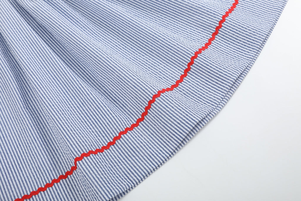 Blue Seersucker Baseball Smocked Bishop Dress - Lil Cactus