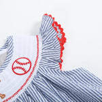 Blue Seersucker Baseball Smocked Bishop Dress - Lil Cactus