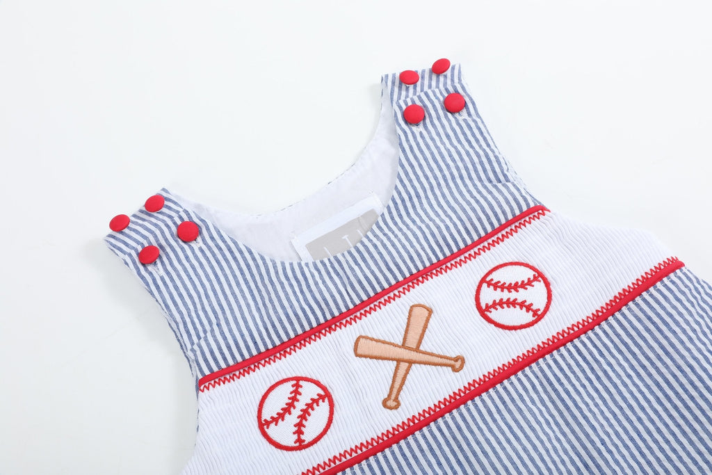 Blue Seersucker Baseball Smocked Shortalls - Lil Cactus