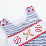Blue Seersucker Baseball Smocked Shortalls - Lil Cactus