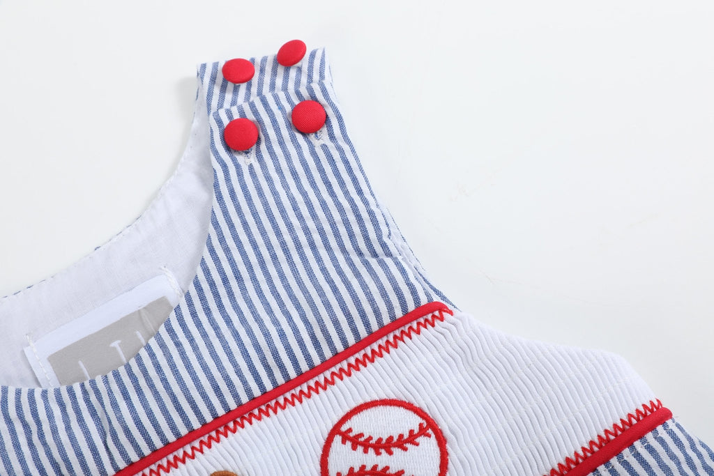 Blue Seersucker Baseball Smocked Shortalls - Lil Cactus