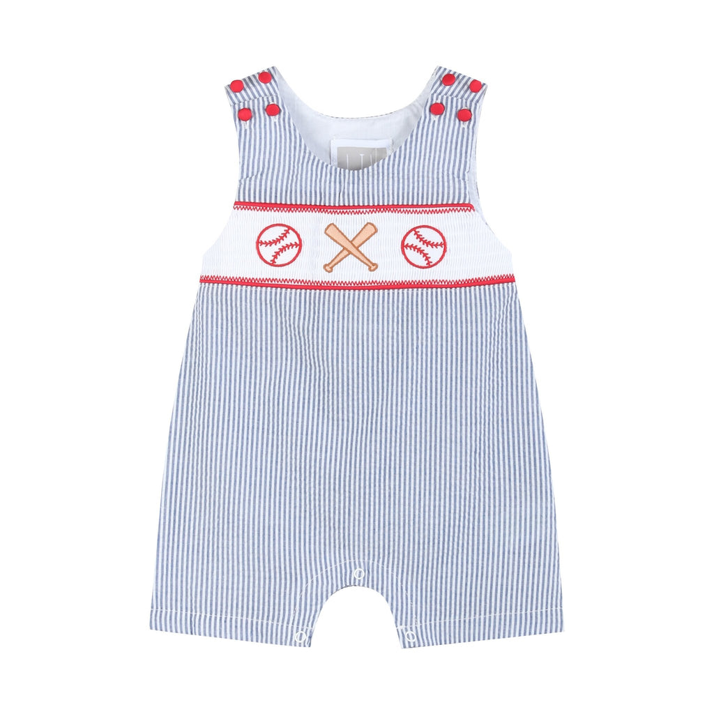 Blue Seersucker Baseball Smocked Shortalls - Lil Cactus