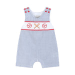 Blue Seersucker Baseball Smocked Shortalls - Lil Cactus