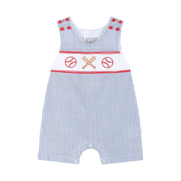 Blue Seersucker Baseball Smocked Shortalls - Lil Cactus