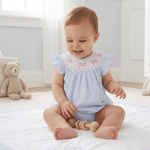 Blue Seersucker Bow Smocked Flutter Romper - Lil Cactus