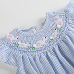Blue Seersucker Bunny Smocked Flutter Romper - Lil Cactus
