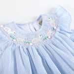 Blue Seersucker Easter Bunny Smocked Bishop Dress - Lil Cactus