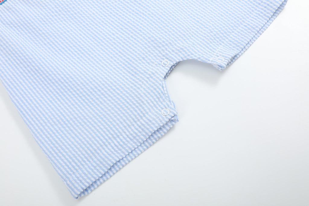 Blue Seersucker Helicopter Smocked Shortalls - Lil Cactus
