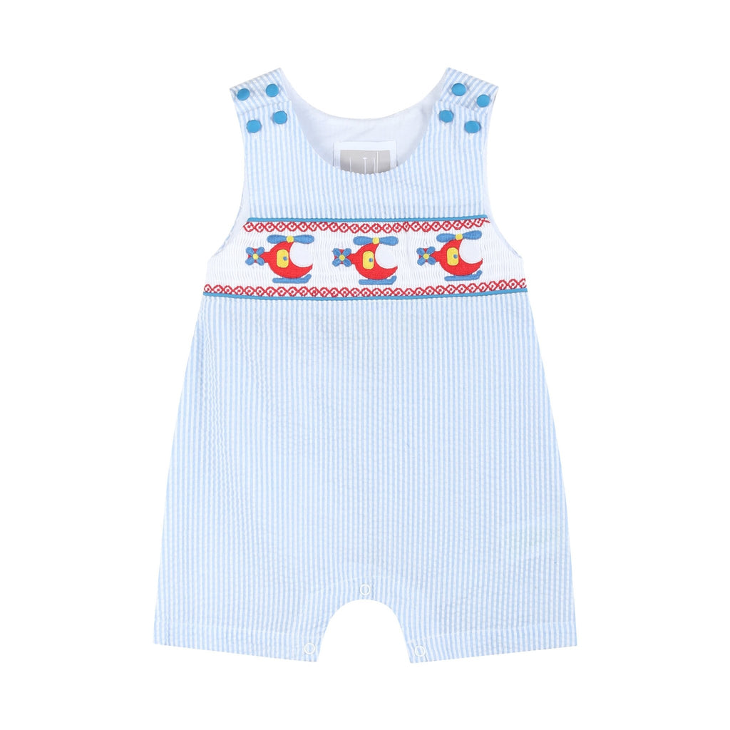 Blue Seersucker Helicopter Smocked Shortalls - Lil Cactus