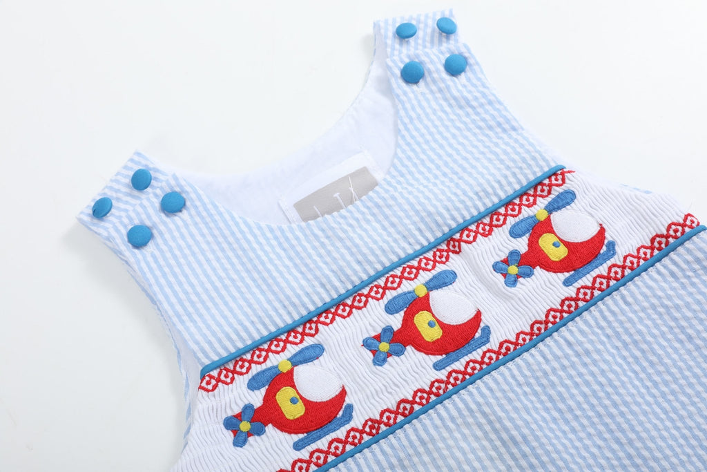 Blue Seersucker Helicopter Smocked Shortalls - Lil Cactus