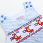 Blue Seersucker Helicopter Smocked Shortalls - Lil Cactus